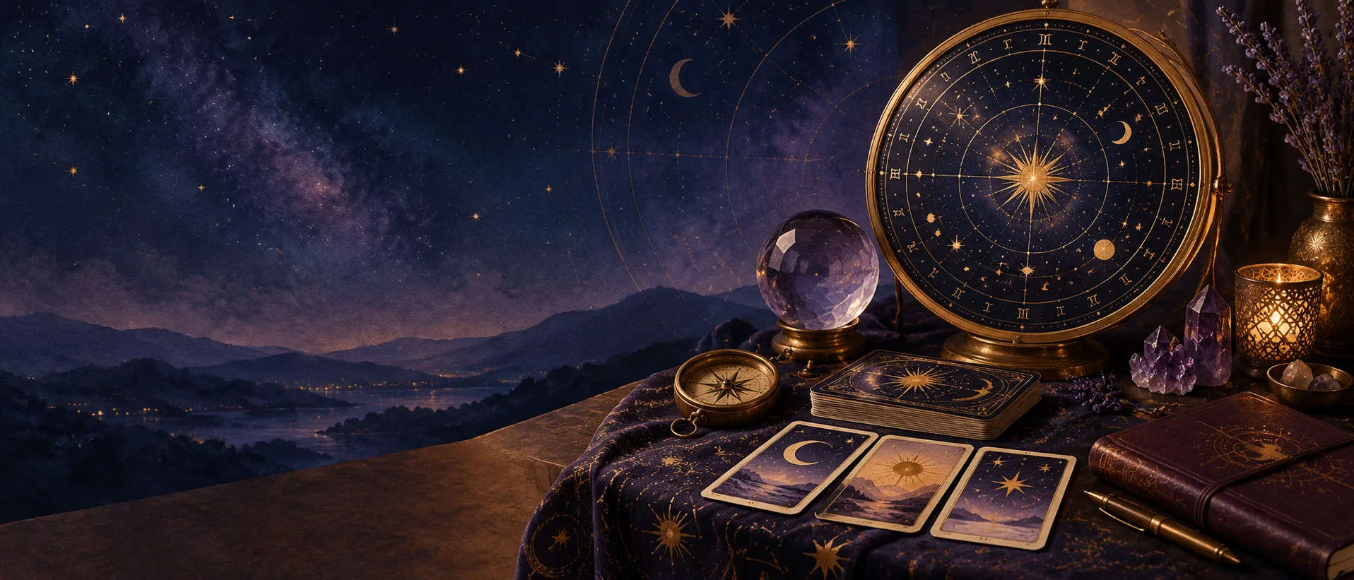 Mesa com cartas, mapa celeste e caderno