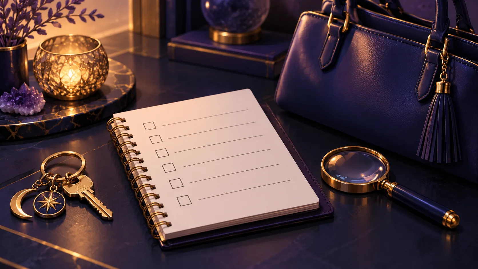 Notebook with a simple search checklist beside keys and a handbag